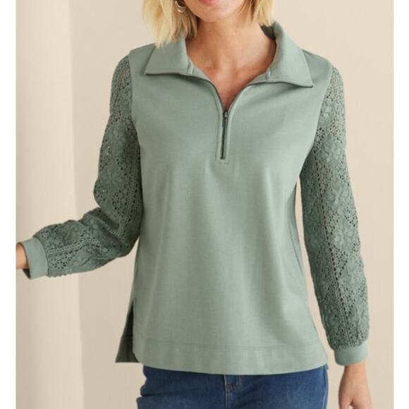 Soft Surroundings Crochet French Terry Tunic Top Size Large Teal Blue Boho Beach - Picture 2 of 12